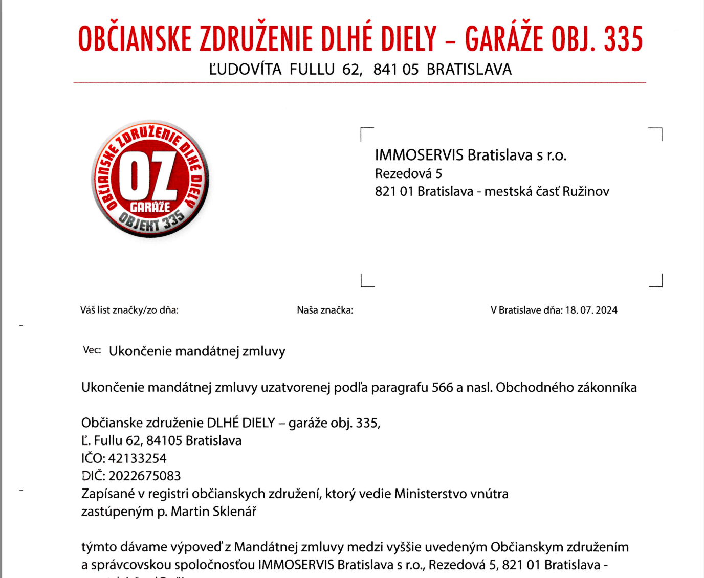 Výpoveď mandátnej zmluvy IMMOSERVIS