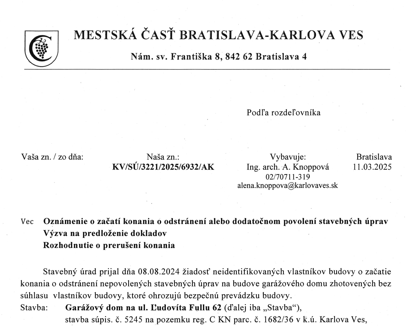 Oznámenie MČ Karlova Ves